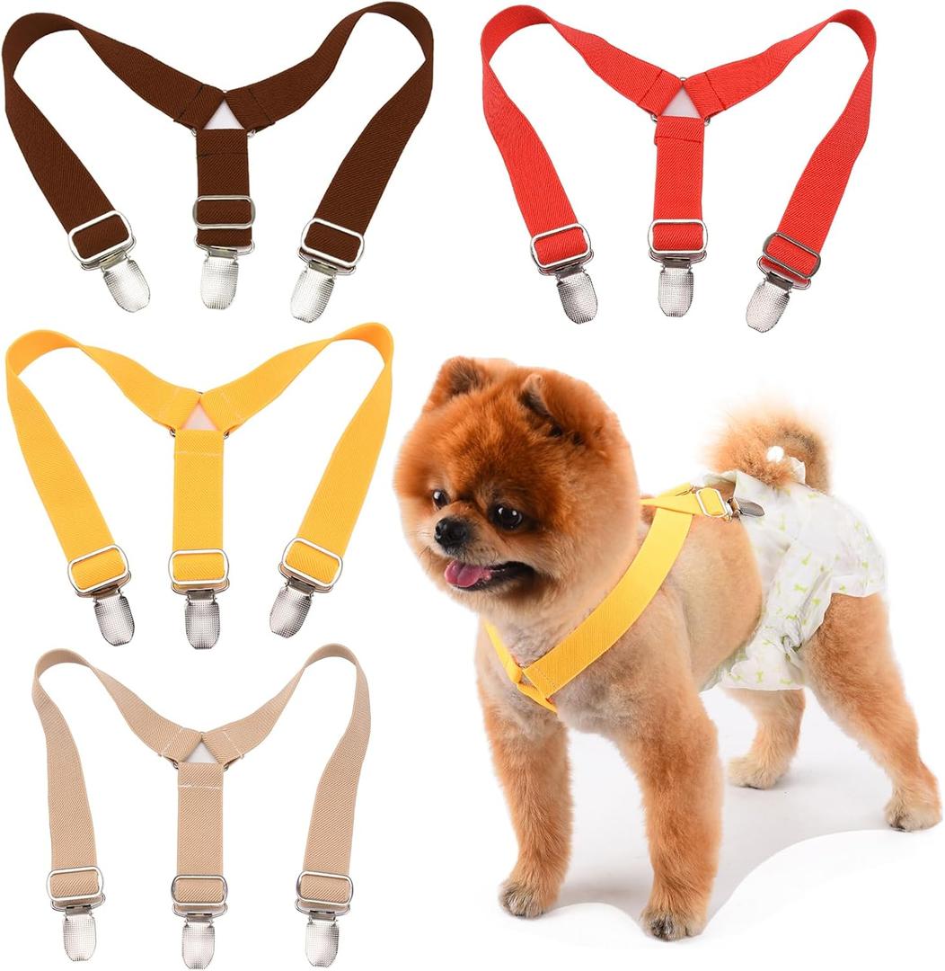 4 Pcs Dog Diaper Suspenders | Cat Suspenders | Female Male Dog Skirt Dress & Diaper Keeper | for Dogs (Yellow, Brown, Watermelon Red, Beige, L)