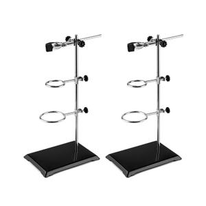 QWORK Chemistry Laboratory Stands Support Set, 2 Set Steel Lab Stand with Cast Iron Base, Rod 16" L with Burette Clamp and Flask Ring Clamps, 2 Retort Rings (Dia. 2"/2.8")