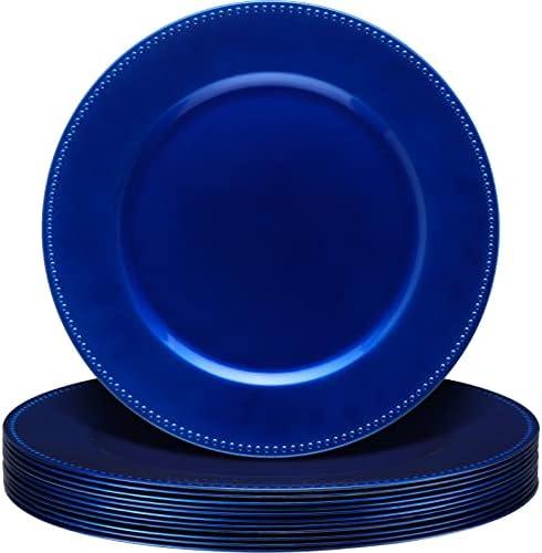 Gerrii 12 Pcs Metallic Bead Charger Plates 13 Inch Plastic Round Plates Bulk Wedding Beaded Chargers for Table Party Event Decoration(Ocean Blue,Beaded)
