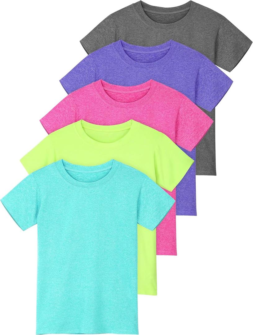 Poroka 5 Pack Girls Athletic Shirts Short Sleeve Dry Fit T-Shirts Crew Neck Active Activewear Sports Tees Tops for Kids, 8-10Y