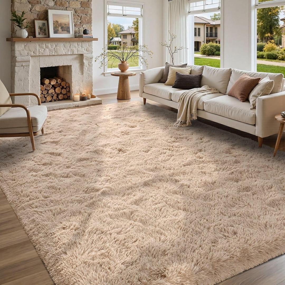 5x7 Living Room Rugs Fluffy Neutral Beige Area Rug，Modern Plush NonSlip Soft Bedroom Shag Carpet for Book Room Office,Coffee Stain Resistant