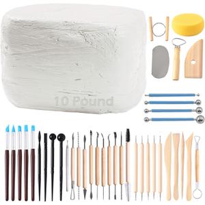 ReArt Natural Air-Dry Clay, Pottery Clay10LBs with 40 Pcs Pottery Tools Clay Sculpting Tool Set, All-Purpose Modeling Clay (White)