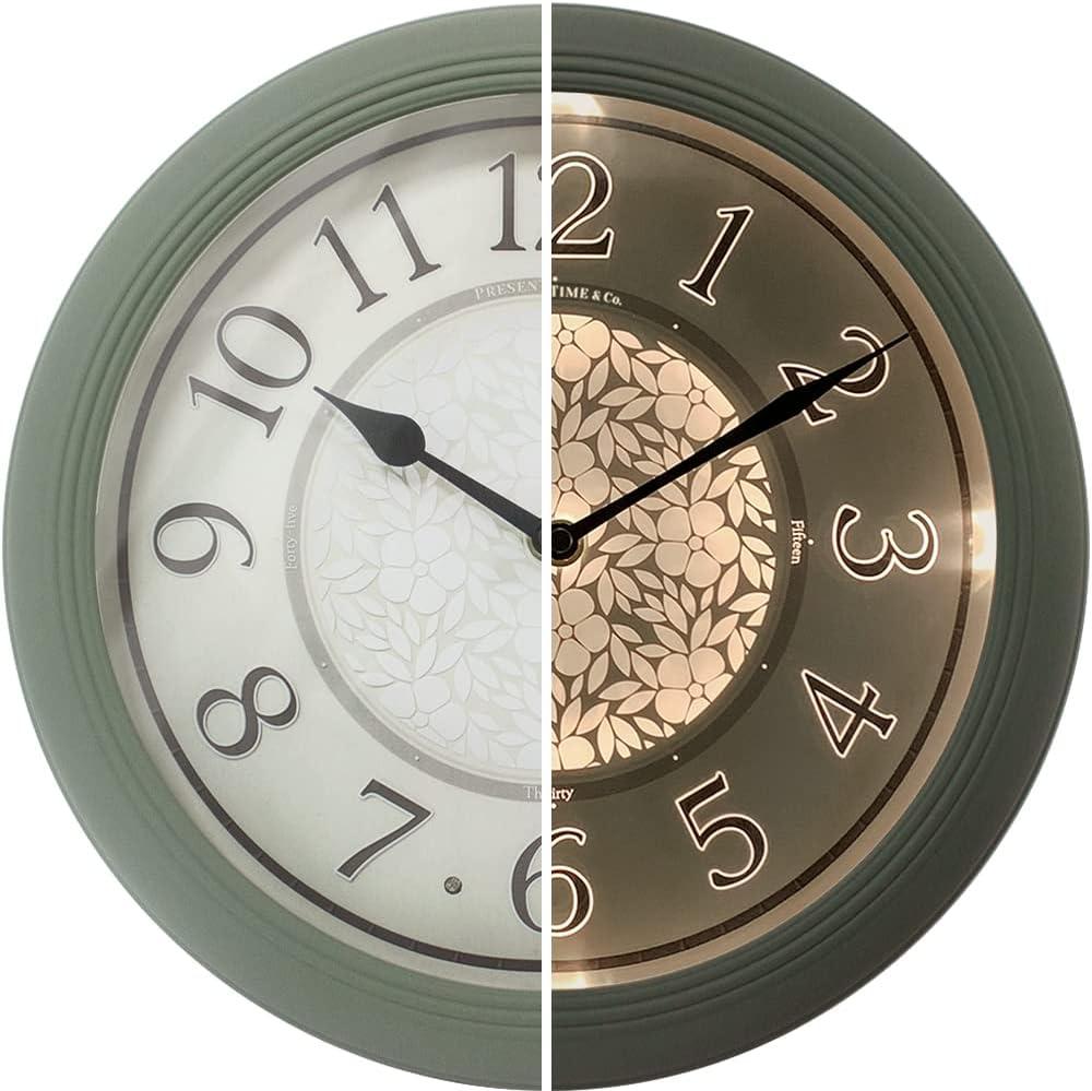 Presentime & Co. 12.6" Illuminated Farmhouse Wall Clock, Silent Battery Operated Night Light Wall Clock with Smart LED Sensor for Living Room, Bathroom, Kitchen, Home Office, Sage Green