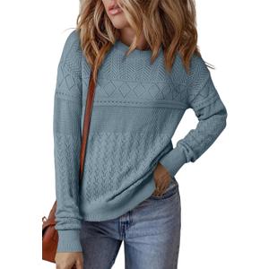 SHEWIN Fall Sweaters for Women Casual Crewneck Long Sleeve Crochet Pullover Tops Sweater (Blue, XL)