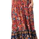 R.Vivimos Women's Summer Boho Floral Print Midi Dress Short Sleeve Deep V Neck Empire Waist Flowy Beach Dress with Pockets (XL, Blue)