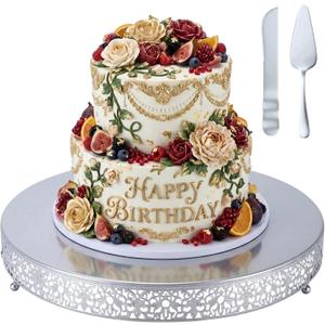 Wenqik 18 Inch Silver Cake Stand Set Metal Round Cupcake Dessert Stand with Cake Cutting, Spatula Wedding Cupcake Pastry Display Candy Holder Display for Wedding Party Birthday Baby Shower(Classic)