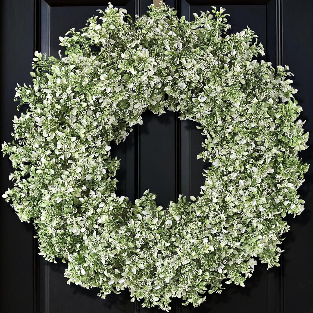 32" Artificial Boxwood Wreath for Front Door - Large Faux Aglaia Odorata Wreath, Fake Eucalyptus Leaves Plants for Wall Window Farmhouse Outdoor Decor - Spring, Summer, All Seasons (White-Green)