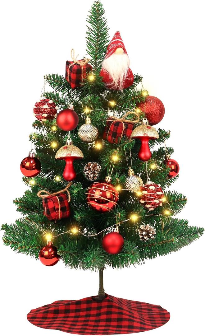 Mini Small Christmas Tree with Lights, 2ft Artificial Small Table Top Christmas Tree with Gnome, Ball Ornaments and Buffalo Plaid Tree Skirt, 24 Pcs DIY Xmas Trees Decor for Toddler, Kids