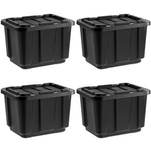 IRIS USA 12 Gallon Heavy Duty Truck Bed Toolbox Storage Tote Bins with Lids, 4 Pack - Made in USA, Tough Snap On Lockable Lid Stackable Industrial Rugged Tubs, Garage Organization Box - Black