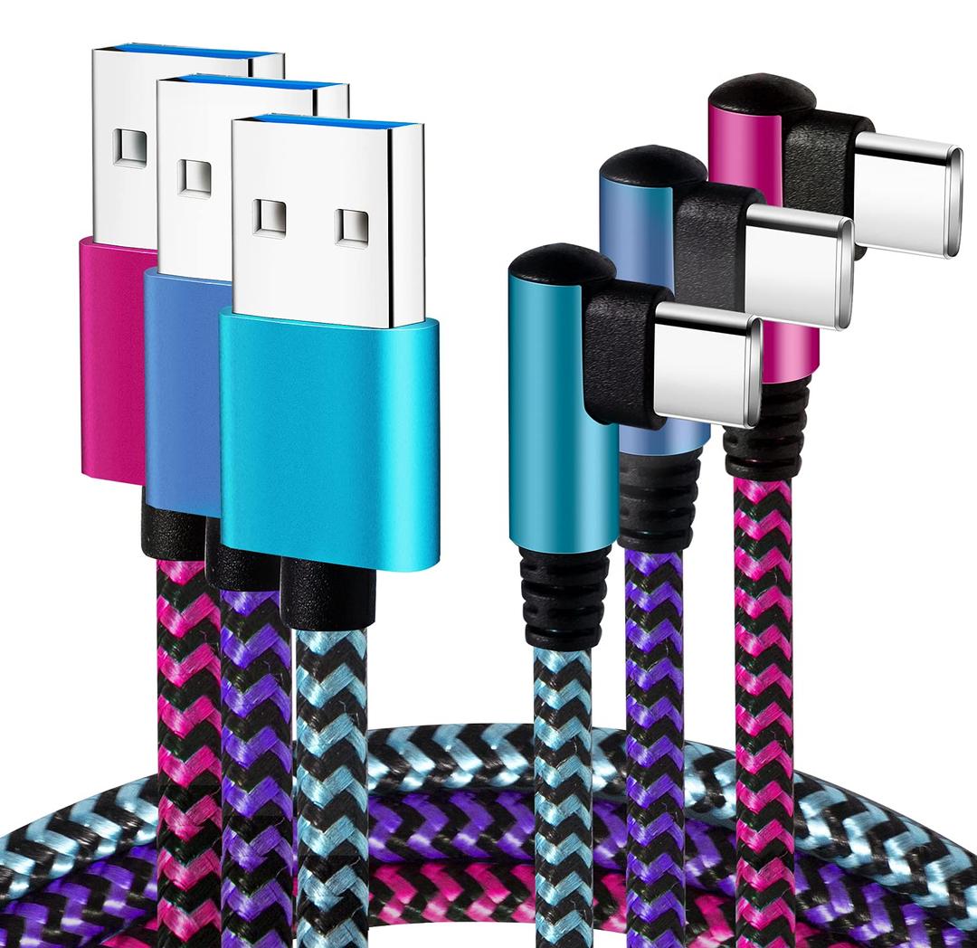 Teeind USB Type C Cable 2.1A Fast Charging: [90 Degree/6ft/3Pack] Nylon USB C Cord Right Angle Compatible with Samsung Galaxy S23/S22/9/Note 10, USB C ChargerBlue/Magenta/Purple