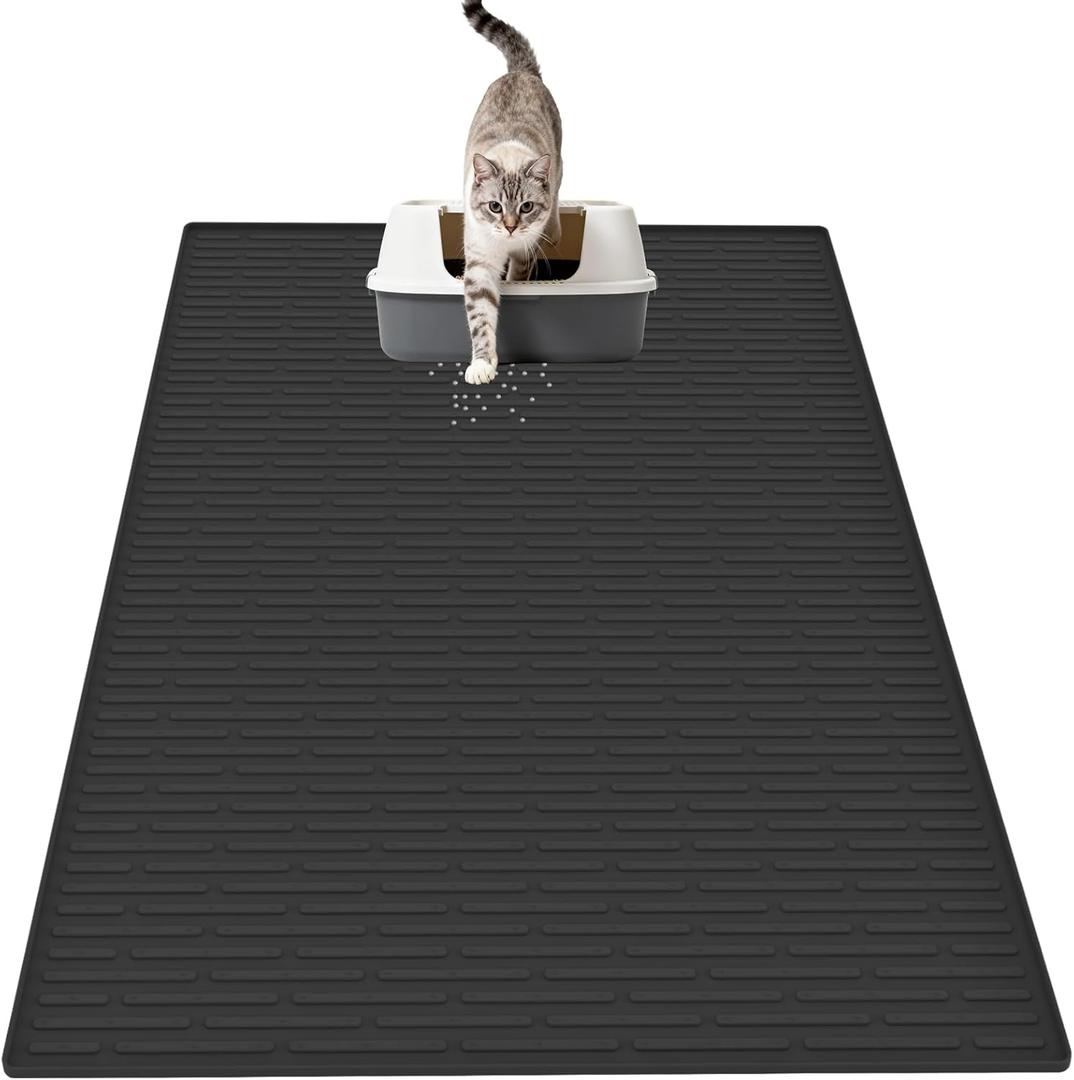 XXL Silicone Cat Litter Mat, 40"x30"(100cmx75cm) Extra Litter Box Mat for Floors, Non-Slip Litter Trapping Mat to Prevent Tracking, Easy to Clean Kitty Litter Catcher Mat, Durable, Black