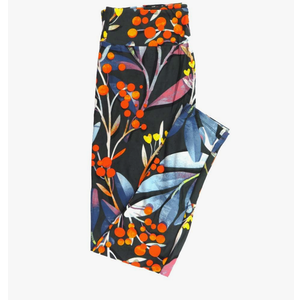 Lularoe Tall Curvy (TC fits Sizes 12-18) Floral Berries Leaves Buttery Soft Adult Leggings Multicoloured, 1 Pack