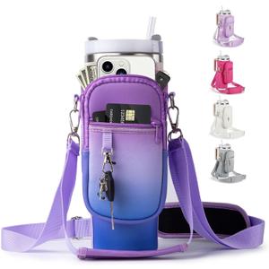 linmaya Water Bottle Carrier Bag with Phone Pocket for Stanley Cup 40/30oz,Insulated Neoprene Water Bottle Holder Cross-boday Bag with Adjustable Shoulder & Handheld Strap Stanley Cup Accessories (blue purple gradient)