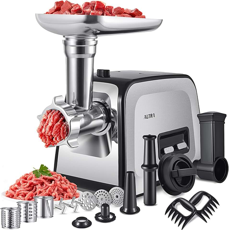 ALTRA LIFE Electric Meat Grinder, 2800W Max Heavy Duty Sausage Stuffer with Rotary Cheese Grater Set, 2 Blades, 3 Plates, Sausage Tube, Kibbe, Burger Press & Meat Claw for Home, Built-in Storage model az-mg090m