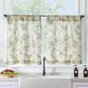 Lazzzy Green Floral Linen Kitchen Curtains 24 Inch Long, Linen Farmhouse Cafe Rustic Country Small Curtains Rod Pocket Tiers, 2 Panels, Green on Beige