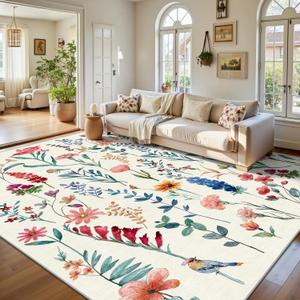 8x10 Area Rugs, Machine Washable Low Pile Floral Rugs for Living Room, Bedroom, Large Area Rug with Non-Slip Backing for Dining Room(Beige Floral)