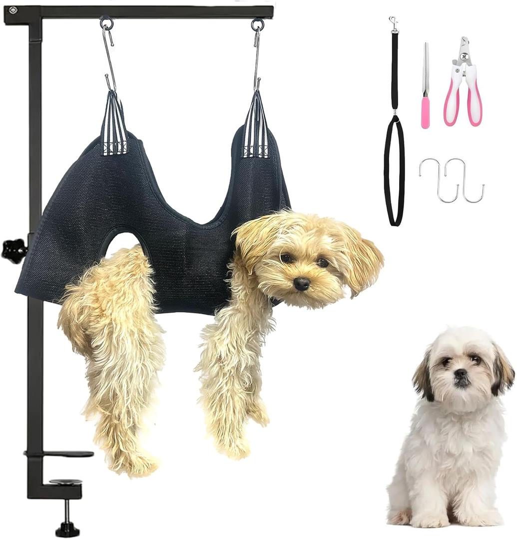 Dog Grooming Arm with Hammock & Loop  Professional Pet Grooming Kit for Small Dogs  Includes Nail Clippers & Nail File  Essential Dog Grooming Supplies for Home Use