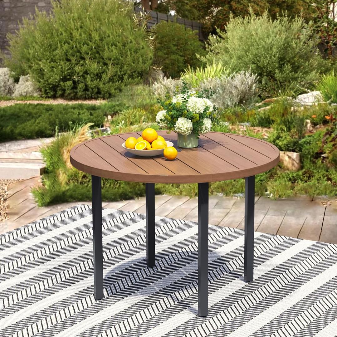 42" Round Patio Table with Umbrella Hole, Metal Outdoor Dining Table for Garden, Backyard and Deck, 4 Person Round Patio Dining Table for Outside, Walnut