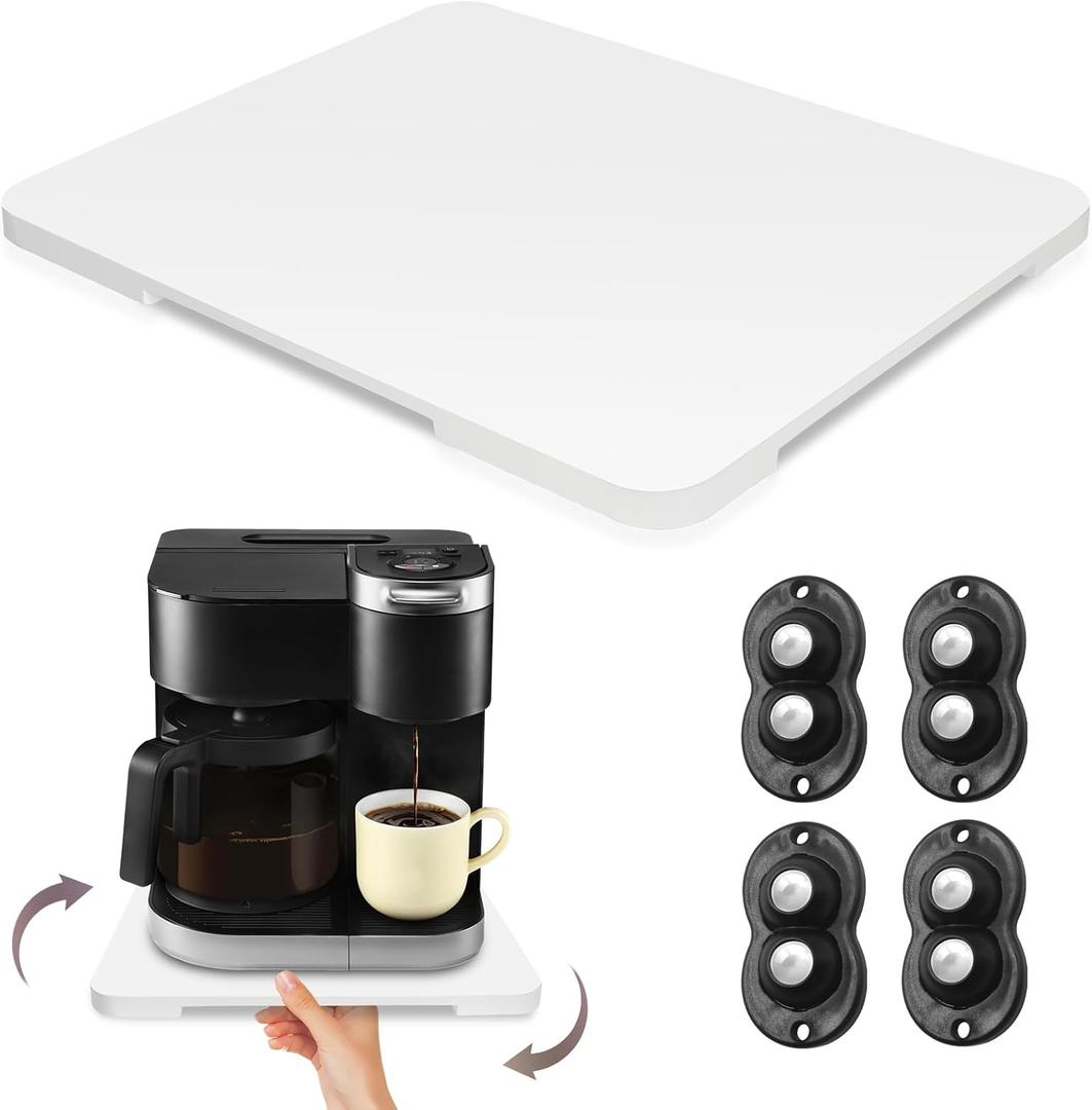 360 Rolling Tray Bamboo Appliance Slider for Kitchen Appliances, Coffee Maker Mat Tray for Countertops Sliding Tray for Coffee Maker Appliances Mat Easily from Under The Cabinet White 11.6x13.9