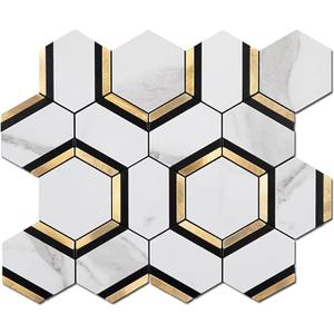 Soulscrafts 5-Sheet Peel and Stick Backsplash Tile 3'' Hexagon PVC White Marble Stone with Gold Metal Self-Adhesive Mosaic Decor Sticker for Kitchen Wall Tile Bathroom