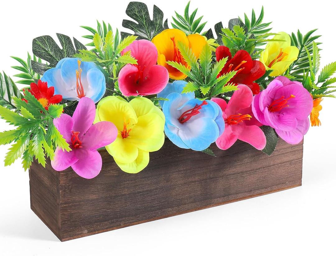 Hawaiian Table Centerpieces Artificial Hibiscus Flowers Arrangements Wooden Crate, Wooden Planter with Tropical Palm Leaves for Summer Beach Tiered Tray Shelf Table Home Aloha Luau Party Decor