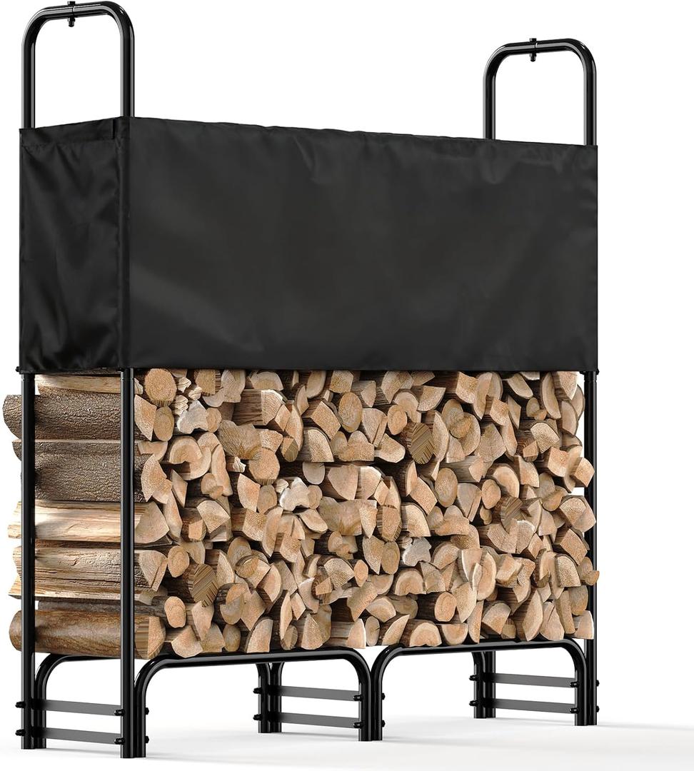 4ft Firewood Rack Outdoor with CoverHeavy Duty Wood Storage Rack with Waterproof Adjustable Cover for Fireplace, Patio, Deck, Indoor/Outdoor Log Holder for 1/4 Cord of Firewood, Black