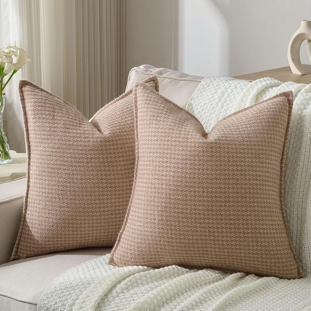 FUTEI Camel Decorative Throw Pillow Covers 18x18 Inch Set of 2,Soft Houndstooth Gingham Textured Cushion Case,Modern Home Decor for Couch Bed Living Room