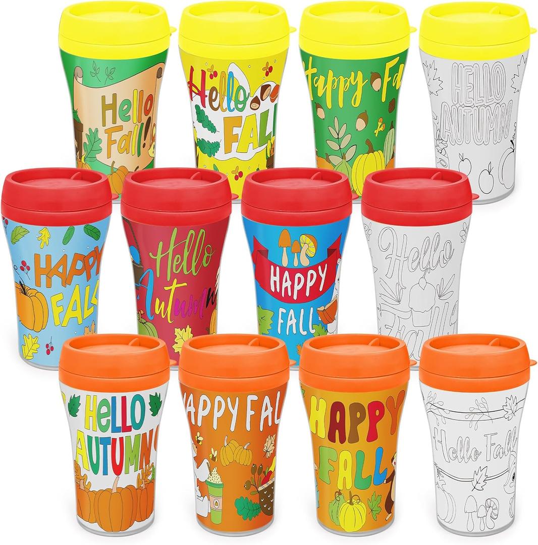 Cinrobiye 12 Set Fall Coloring Cups with Lid DIY Autumn Personalized 8oz Coffee Mug Plastic Cups with 12 Paper Inserts for Fall Holiday Birthday Party School Home Prizes Favors Supplies