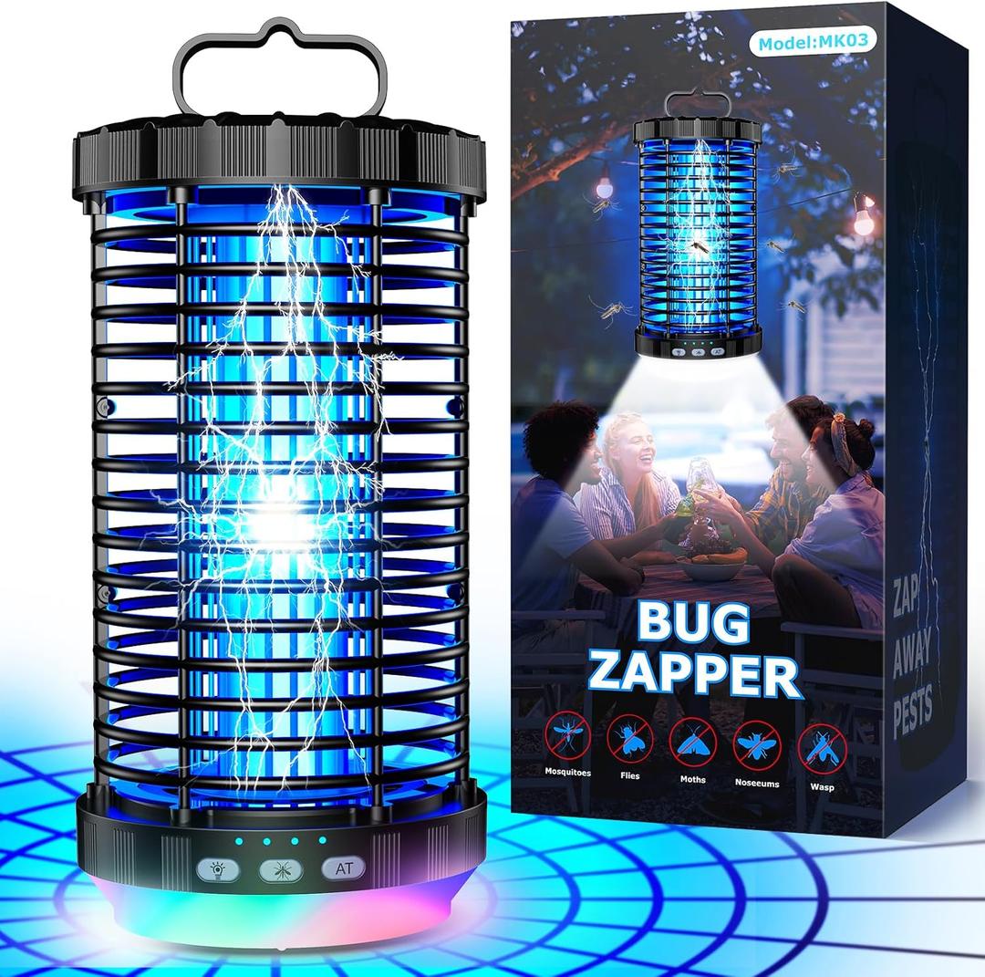 Bug Zapper Outdoor, 2025 Upgraded 3 in 1 Rechargeable Bug Zapper with 5000mAh Battery & LED Night Light, 4000V Cordless Waterproof Mosquito Zapper for Outside, Patio, Backyard, Garden, Black