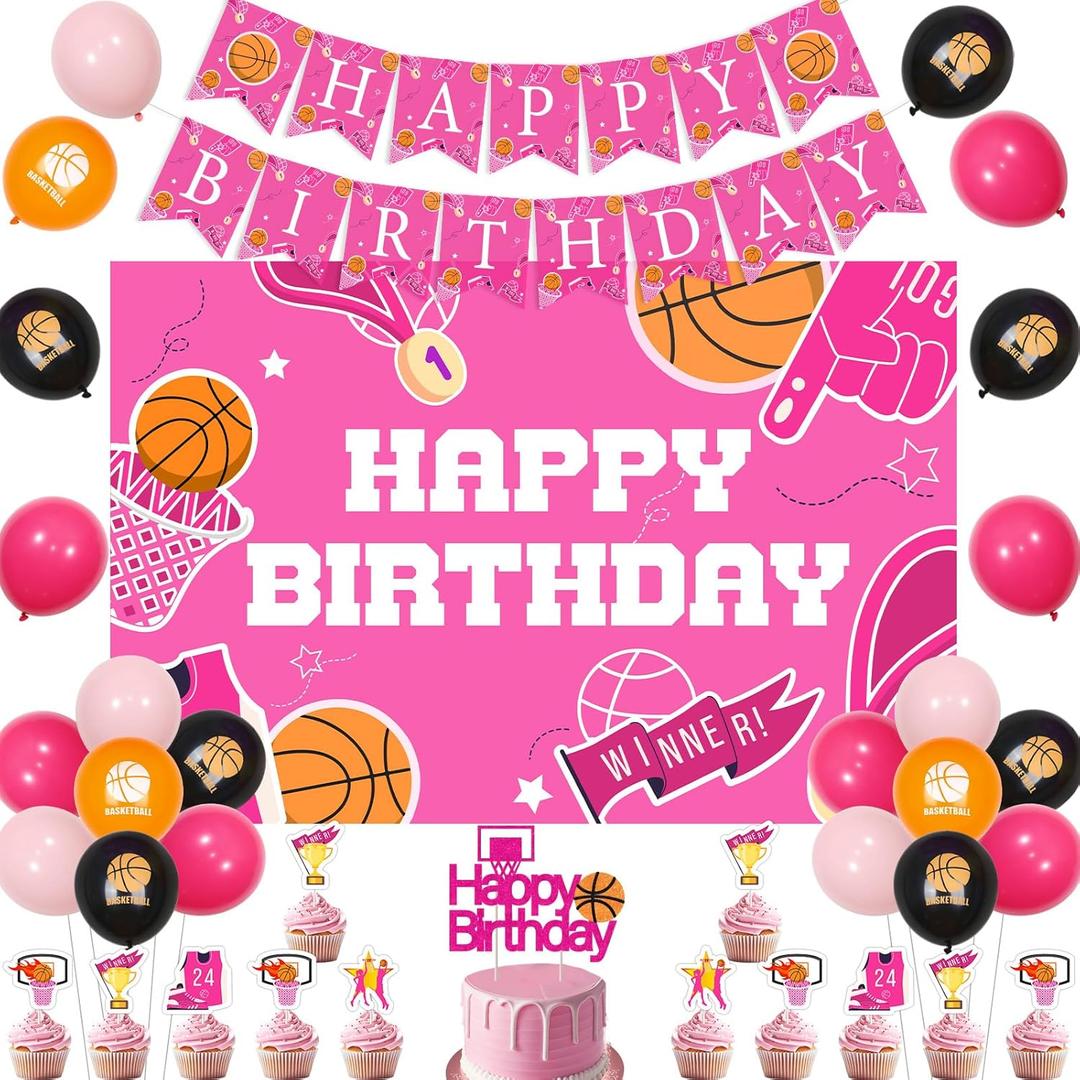 Pink Basketball Birthday Decorations for Girls Basketball Happy Birthday Banner Pink Basketball Backdrop Basketball Birthday Cupcake Toppers for Sport Theme Birthday Party Supplies