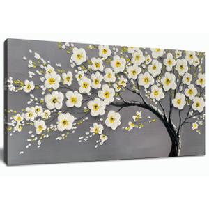 Tarfupth Large Flower Wall Art for Living Room Hand-Painted White Blossom Tree Wall Art Textured Floral Canvas Painting for Office Bedroom Girls Room Home Decor 20x40 Inch