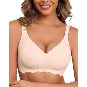 SCECXY Womens Seamless Wireless Bras Womens Bras No Underwire Full Support V Neck Bralette Everyday T-Shirt Bra Pink, 3 XL
