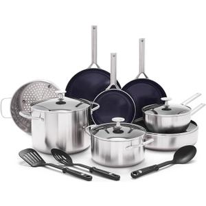 Blue Diamond 15 Piece Stainless Steel Tri-Ply Cookware Pots and Pans Set, Induction Compatible, Diamond Infused PFAS-Free Ceramic Nonstick, Dishwasher & Metal Utensil Safe, Scratch Resistant, Silver