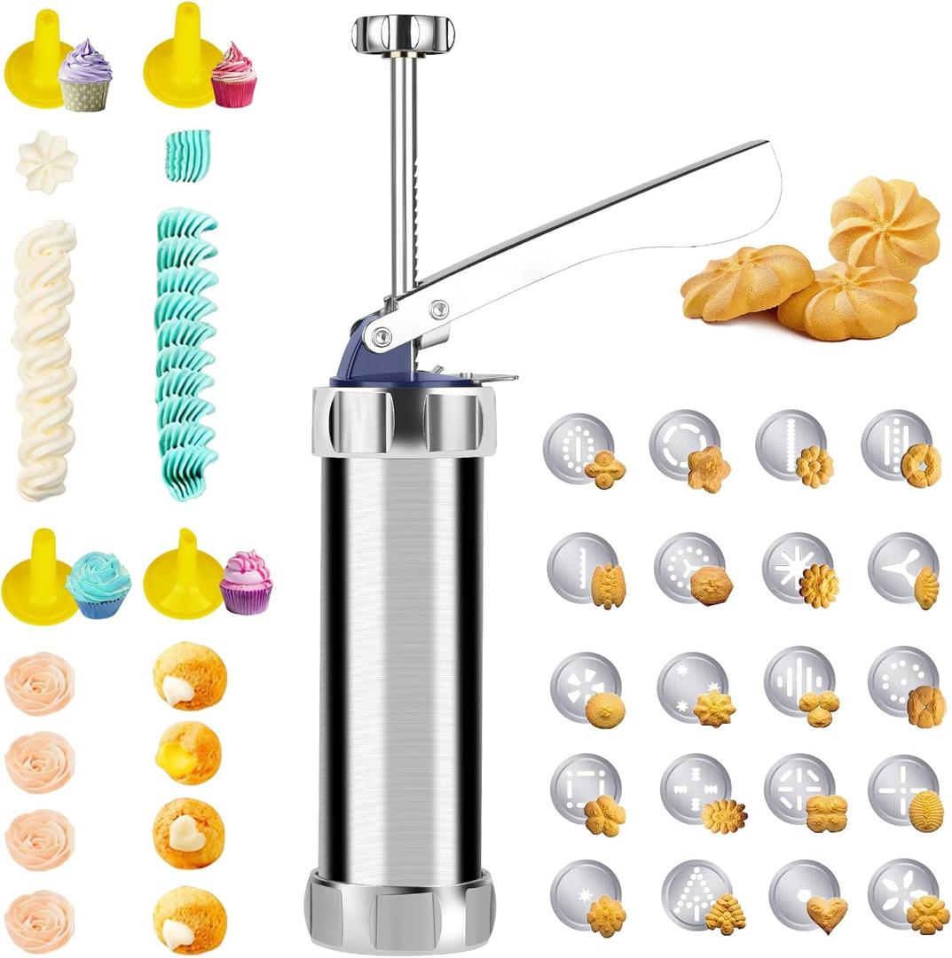 Upgraded Cookie Press Gun, Stainless Steel Spritz Cookies Press Kit With 20 Discs 4 Tips, Food-Grade Baking Machine for DIY Christmas Cookies Maker, Cake Decorating And Holiday Parties