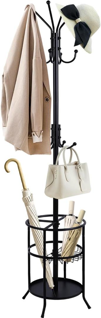 Anlanbor Metal Freestanding Coat Rack Stand with Umbrella Holder,Coat Tree with 12 Hooks, Black Modern Coat Hanger Stand,Purse Hats Scarves Rack Stand for Living Room, Bedroom, Office