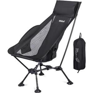 WildCall Lightweight Folding High Back Camping Chair with Head Support, Compact Beach Chair with Anti-Sinking Large Feet and Three Tilt Angles Adjustment, Black