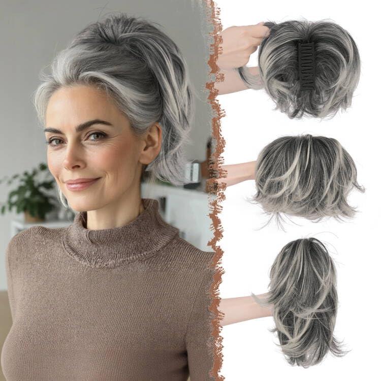 FESHFEN Claw Clip Short Ponytail Extensions - DIY Bendable Metals Fluffy Messy Bun Hair Piece Straight Synthetic Hairpieces Ponytail Extension for Women, Black Gray and White Tips
