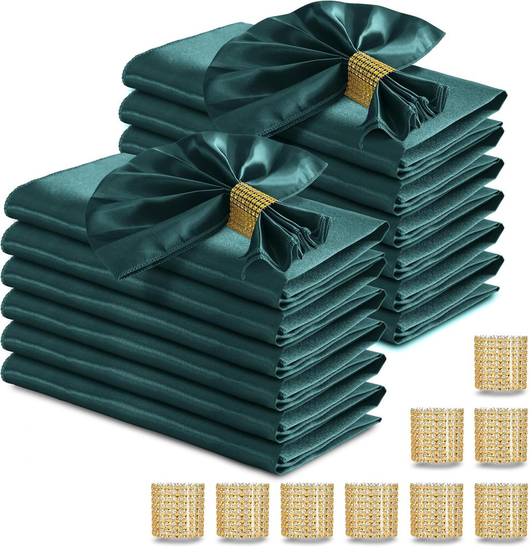 RUDONG 20Pcs Dark Green Satin Napkins and Napkin Rings Set, 17 x 17 Inch Square Cloth Napkins, Silky Soft Table Napkins Bulk for Weddings, Banquet, Parties Dinner Decoration