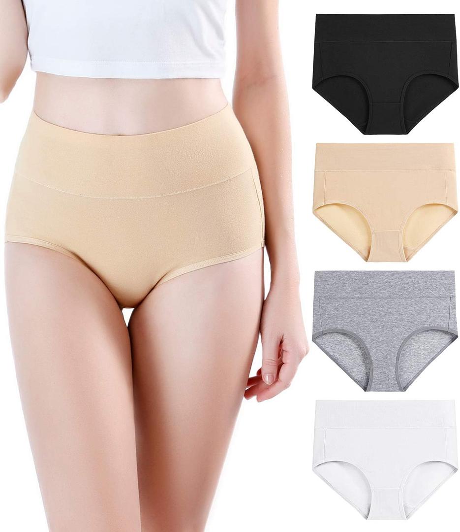wirarpa Women's Modal Underwear Soft High Waist Briefs Ladies Panties 4 Pack (X-Large, Black/Beige/Grey/White)