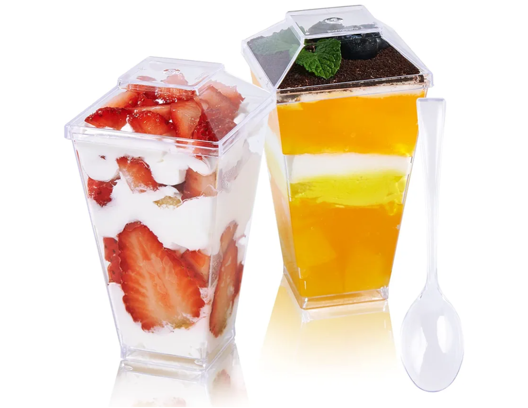 JOLLY CHEF 100 Pack 3 oz Mini Dessert Cups with Spoons and Lids, Square Tall Clear Plastic Parfait Appetizer Cup Small Serving Bowl for Party Desserts