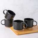 GBhome 12OZ Stackable Coffee Mugs, Ceramic Coffee Mugs with Texture Patterns for Man,Woman,Dad,Mom, Modern Coffee Mugs Set of 4 for Latte/Cappuccino/Cocoa. Dishwasher&Microwave Safe, Black