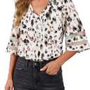 LookbookStore Women's V Neck Mesh Panel Blouse 3/4 Bell Sleeve Loose Top Shirt (White, XXL)