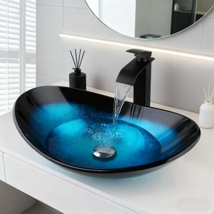 Blue Vessel Sink Oval Glass Vessel Sink with Waterfall Faucet and Pop-Up Drain Boat Shape Bathroom Sink Above Counter,Artistic Tempered Glass Vessels Sinks Bowl, 22.4"L x 12.4"W x 6.6"H