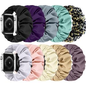 Scrunchies Bands Compatible for 40mm 38mm 41mm 42mm 44mm 45mm 46mm 49mm, Soft Nylon Elastic Strap Wristband for iWatch Series 10 9 8 7 6 5 4 3 2 1 SE Ultra (Black+Purple+Gray+Pine Green+Leopard+White+Pink+Starlight+Milk Tea+Smoke Purple)