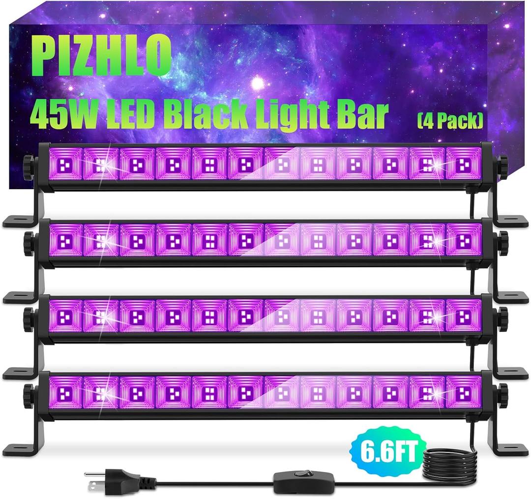 4 Pack 45W LED Black Light Bar, Blacklight with 6.6ft Cord+Switch, Light Up 26x26ft, Glow in The Dark for Halloween, Party, Birthday, Body Paint, Fluorescent Poster, Bedroom