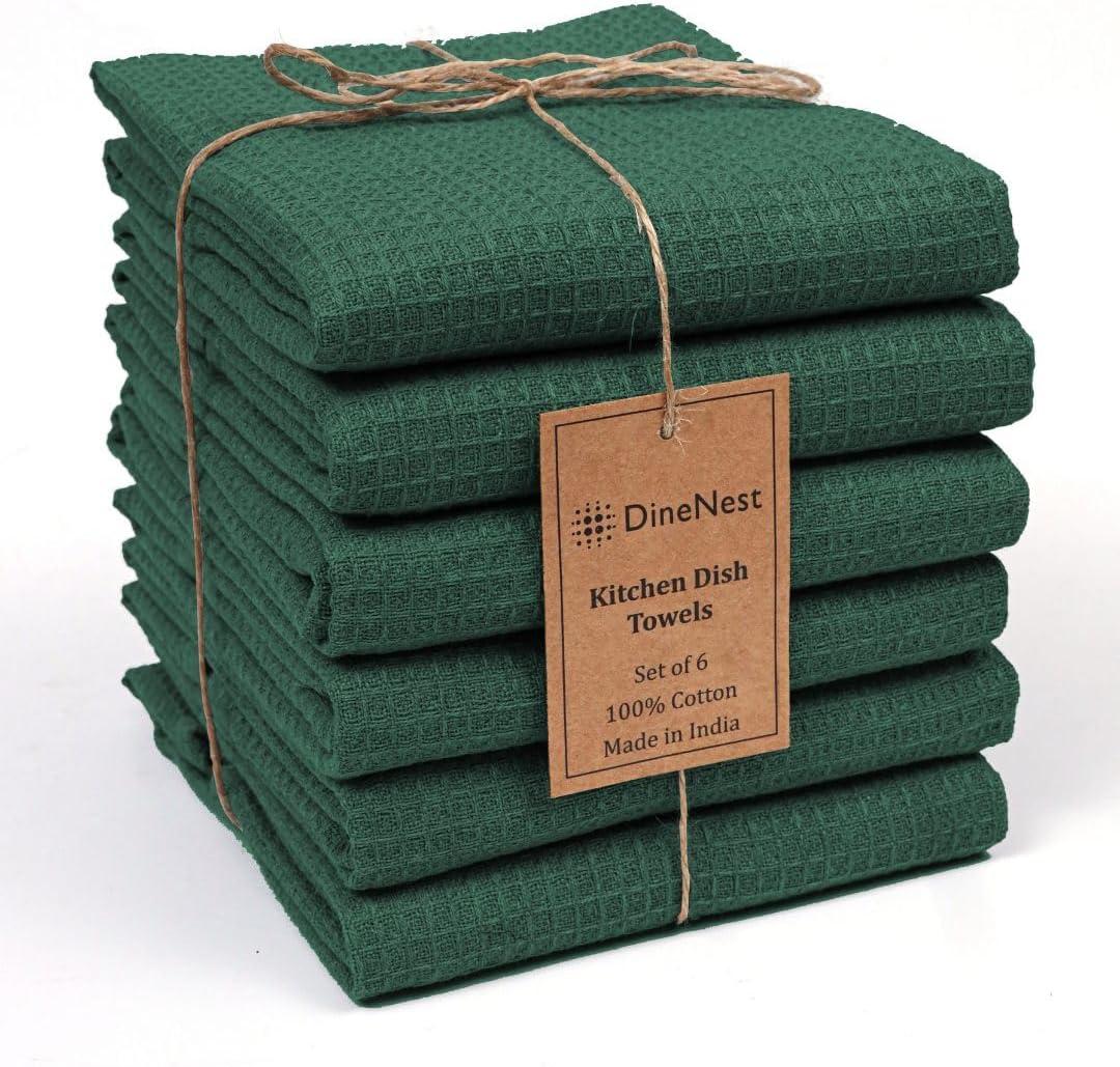 Waffle Kitchen Dish Towels 100% Cotton 16x26 Inch Set of 6 - Highly Absorbent Soft Durable Washable Dish and Cleaning Low-Lint Towels for Kitchen & Home - Quick Drying Dish Towel Green