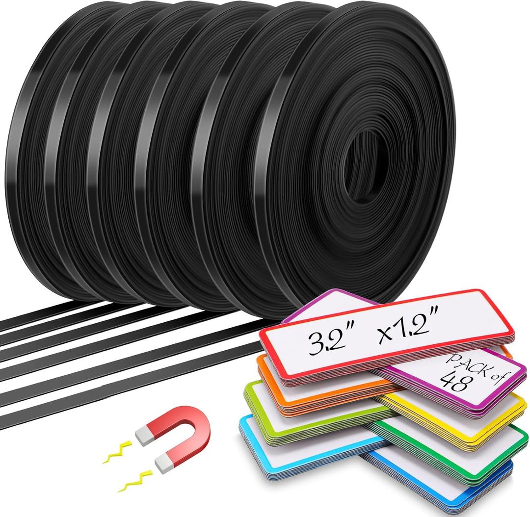 1/4" Magnetic Whiteboard Tape Set 33ft Magnetic Tape Roll Thin Strips Borders for Classroom Whiteboard with 48pcs Dry Erase Label for Classroom School Office Home Students (Black) (Multicolor)