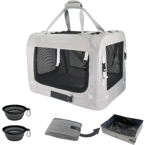Extra Extra Large Cat Carrier Soft Sided, Portable Small Dog Carrier for 2 Cats, 24"x16.5"x16" Car Travel Folding Comfortable Design with Litter Box and Bowls, Grey+ Litter Box+ Bowl*2