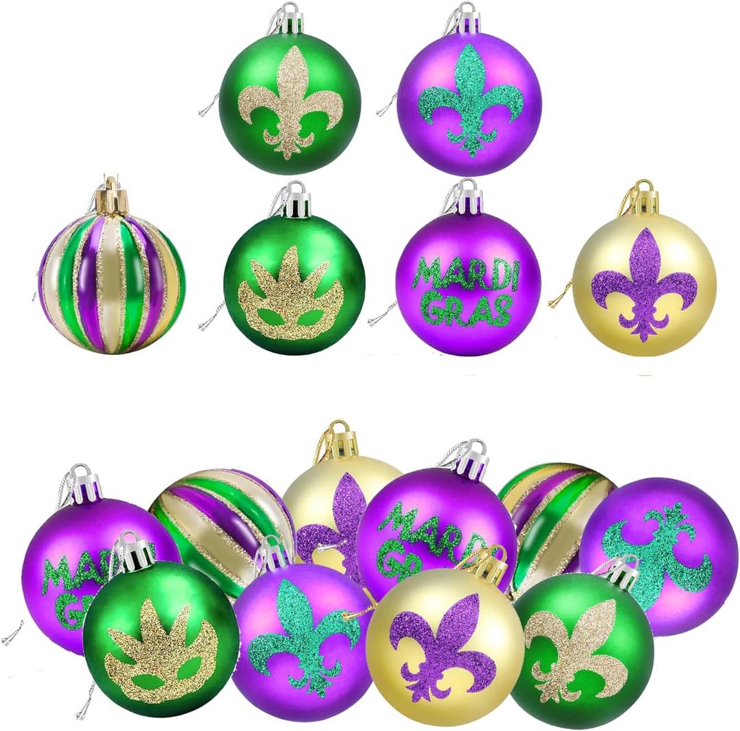 12 PCS Mardi Gras Ball Ornaments Glitter Purple Green Gold Ball Ornaments 2.36" Mardi Gras Shatterproof Hanging Ornaments for Mardi Gras Holiday New Orleans Party Decorations