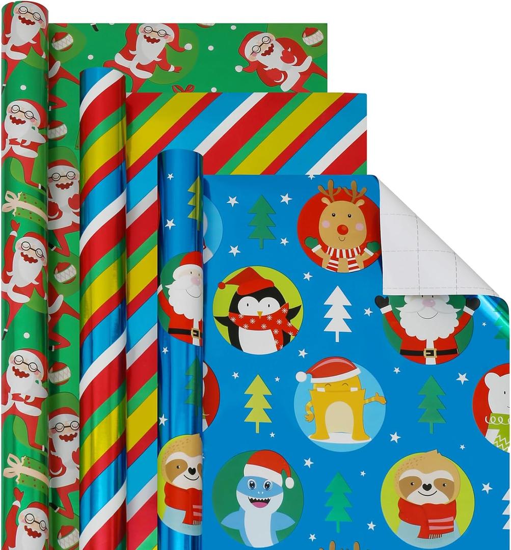 CAMKUZON Christmas Foil Wrapping Paper with Cut Lines for Kids Baby Women Men - 3 Rolls Dancing Santa, Colorful Stripe and Christmas Characters Design - Holiday Gift Wrap Bundle, 24 Inch X 12 Feet per Roll